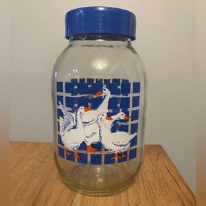 Carlton Glass 3L jar with blue lid and gosling goose geese design on blue check
